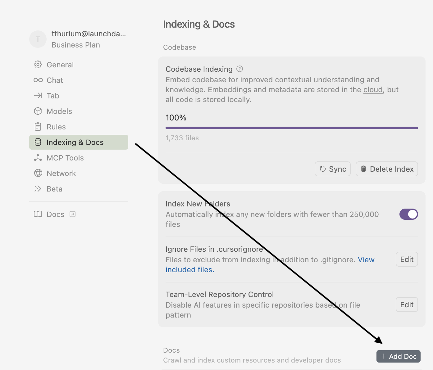 The Add Doc button in the Indexing & Docs section of the Cursor settings page.