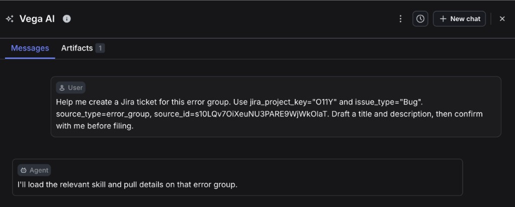 A Vega AI panel with a prefilled user message asking Vega to create a Jira ticket for an error group, including the Jira project key, issue type, source type, and source ID, and a reply saying that it is loading the relevant skill.