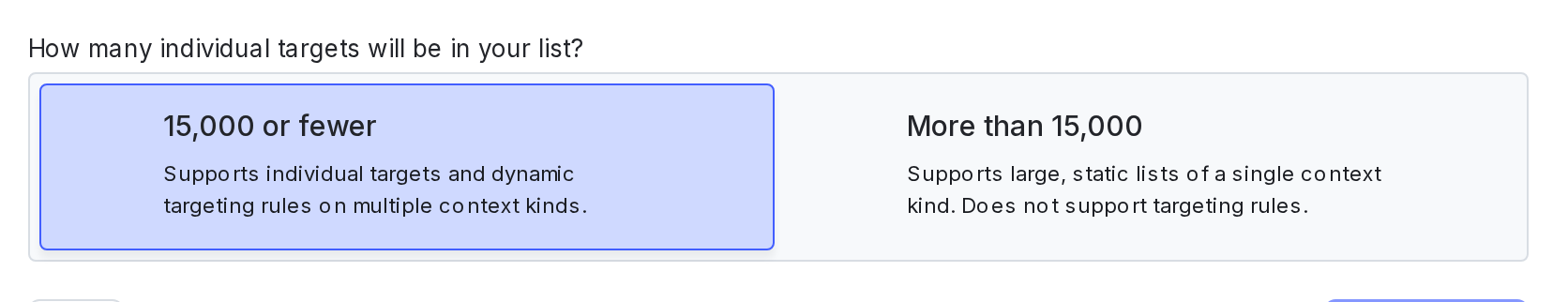 A portion of the "Create a segment" dialog, showing a question about the size of the list-based segment.
