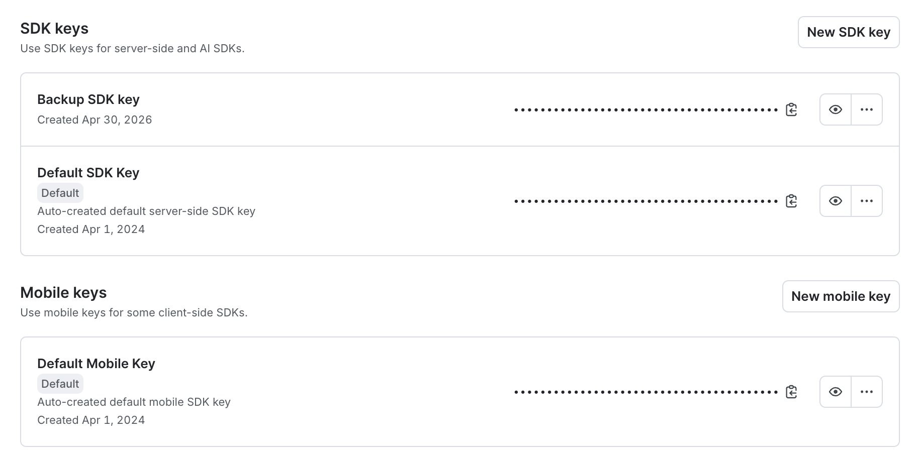 The SDK keys settings page.