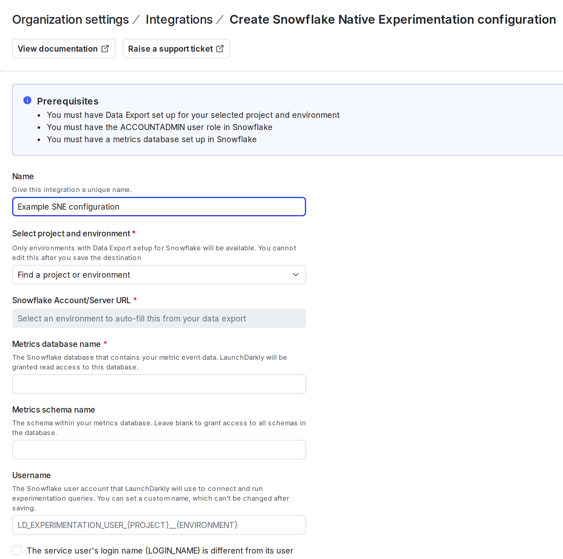 The Snowflake Native Experimentation configuration panel in LaunchDarkly.