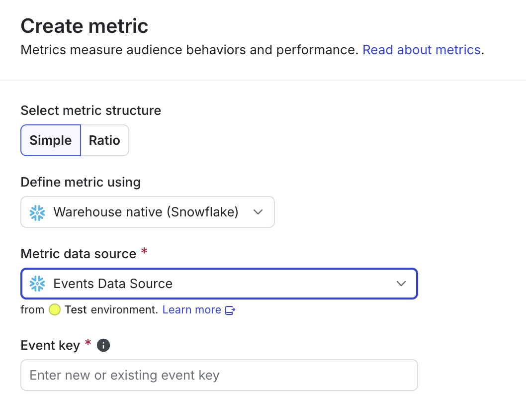 Selecting a data source for a warehouse native metric.