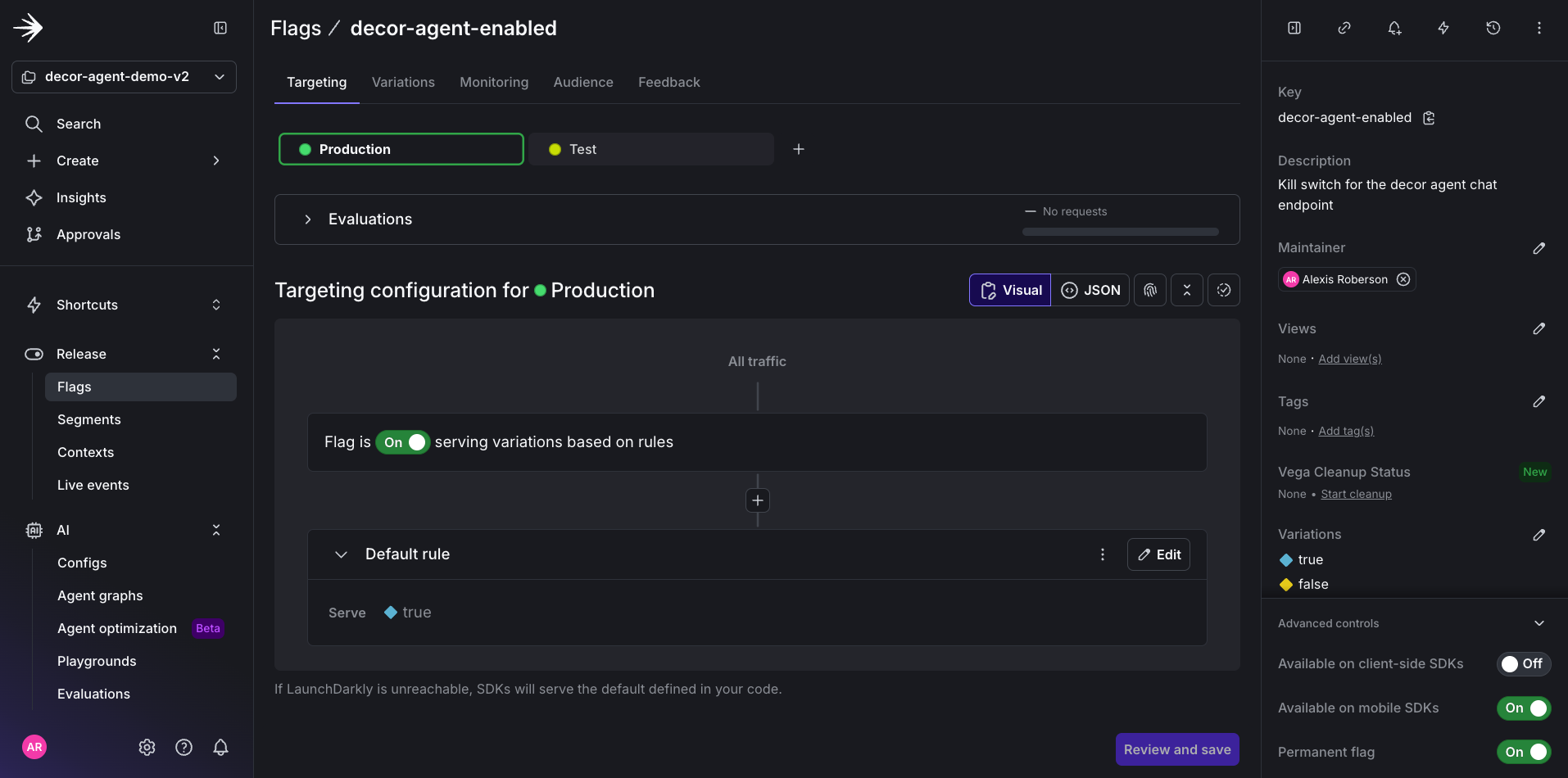 The decor-agent-enabled feature flag in the LaunchDarkly dashboard.