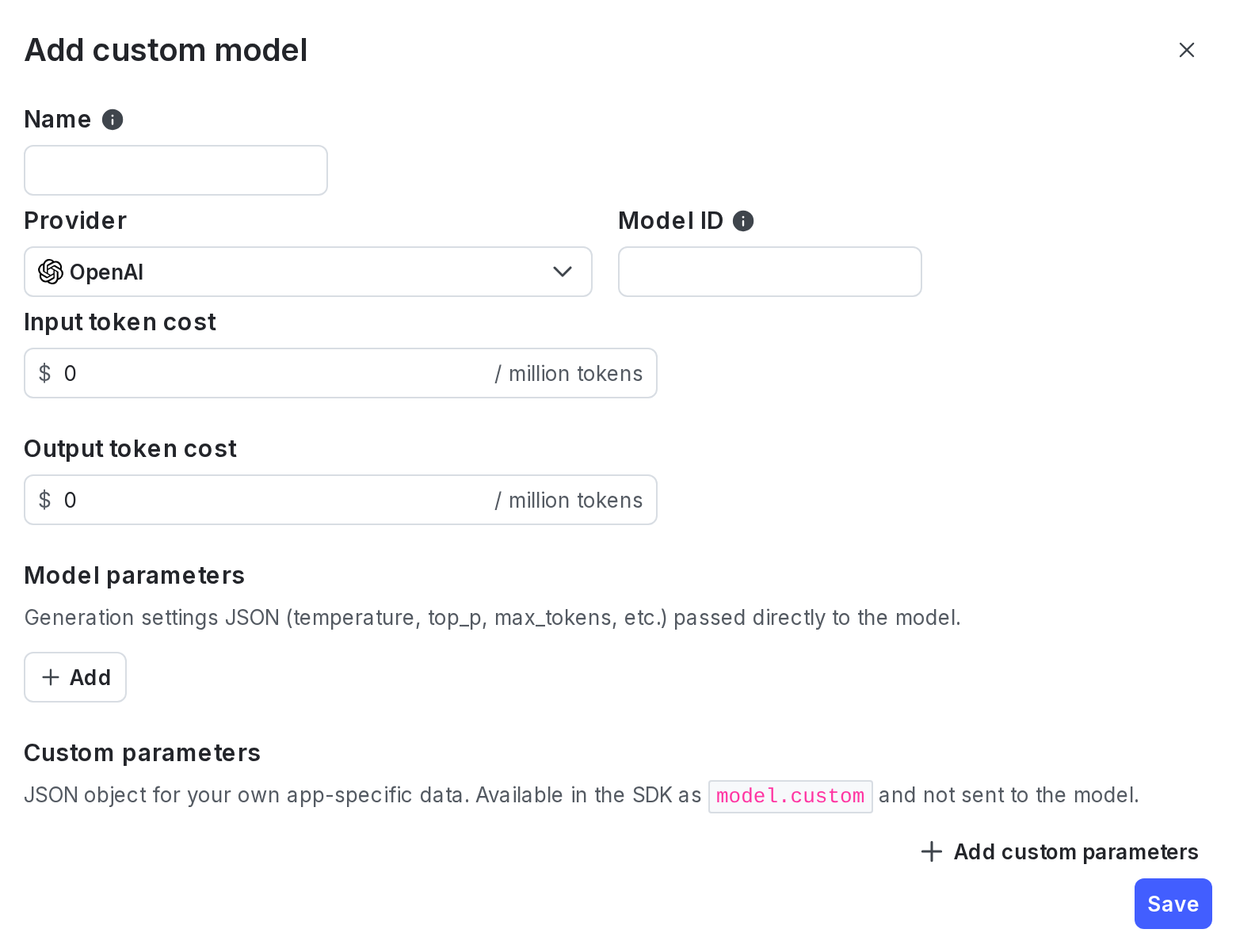 The "Add custom model" dialog.