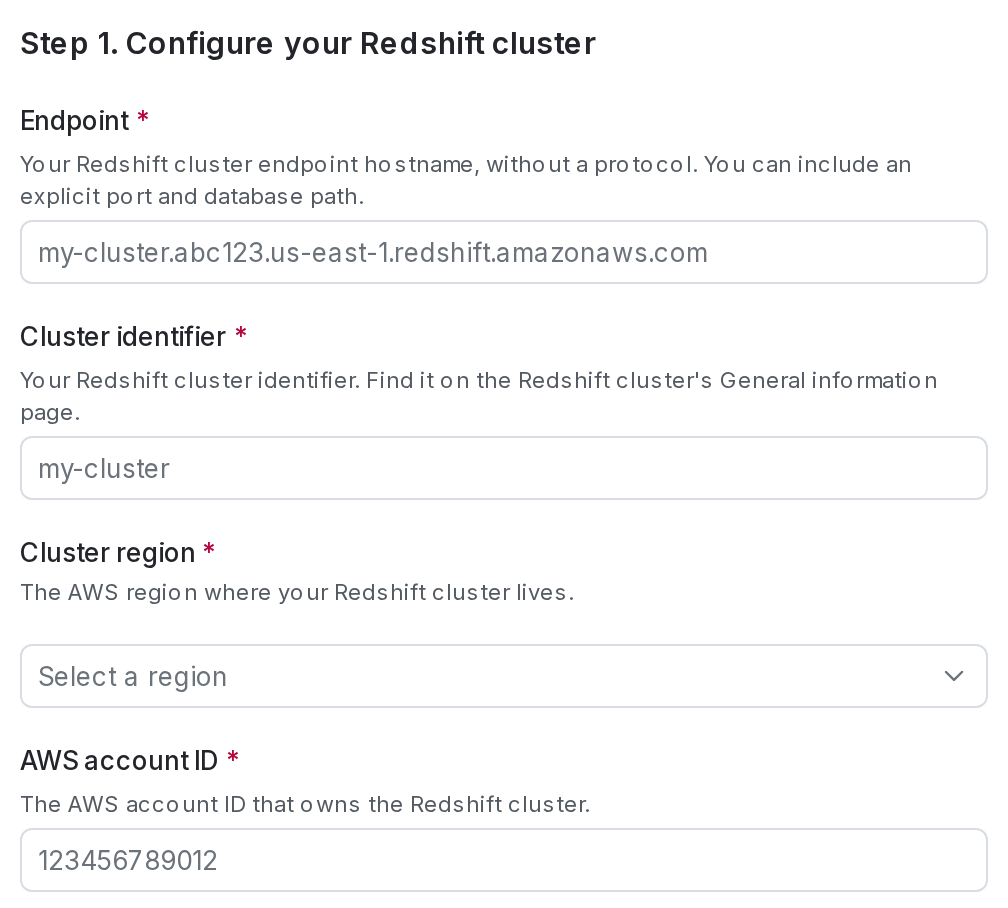 The Redshift cluster configuration section in LaunchDarkly.