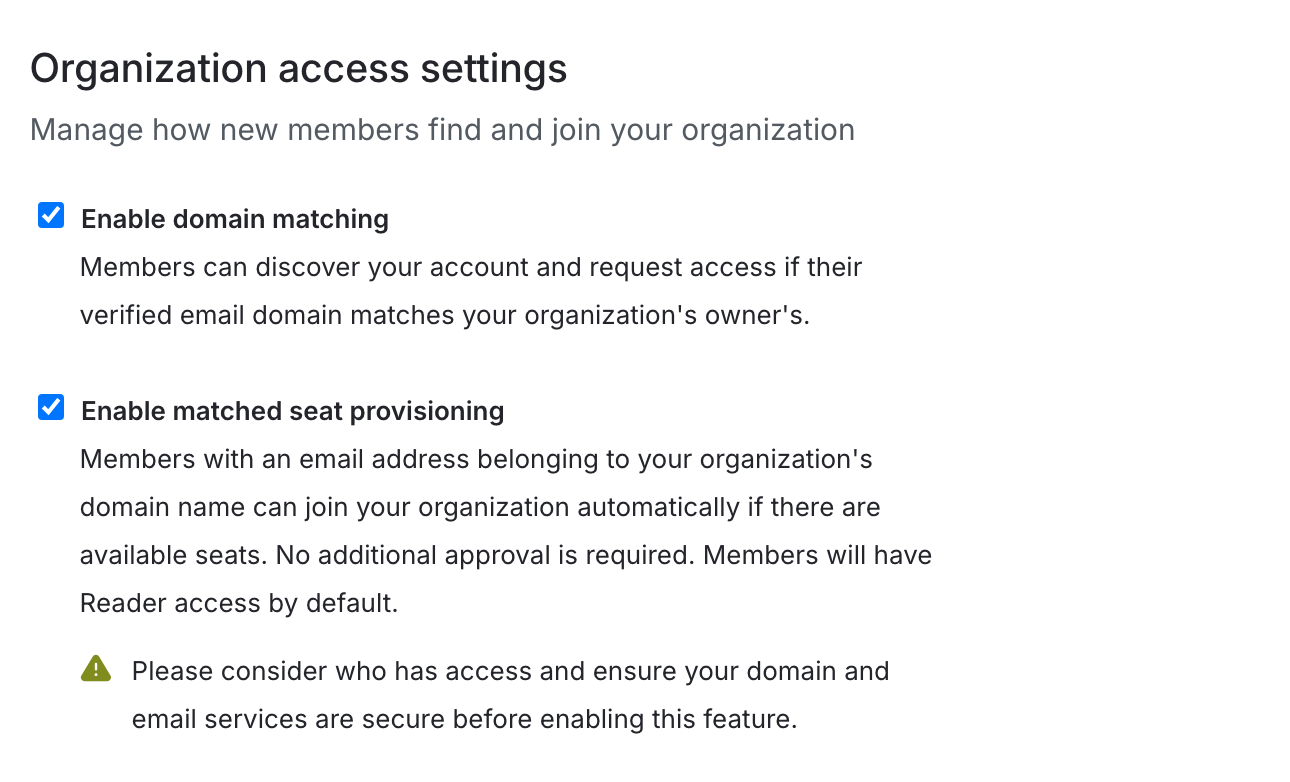 Organization access settings with matched seat provisioning enabled.