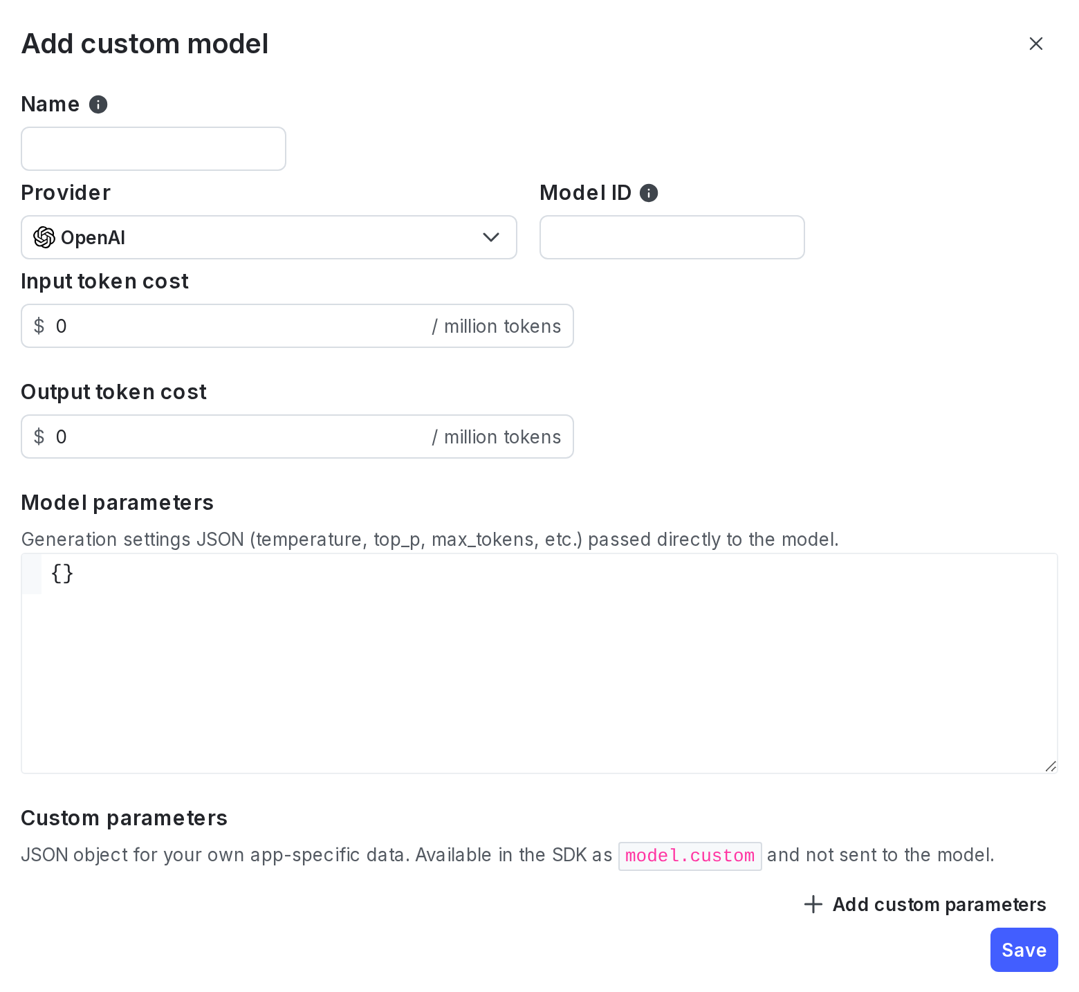 The "Add custom model" dialog.
