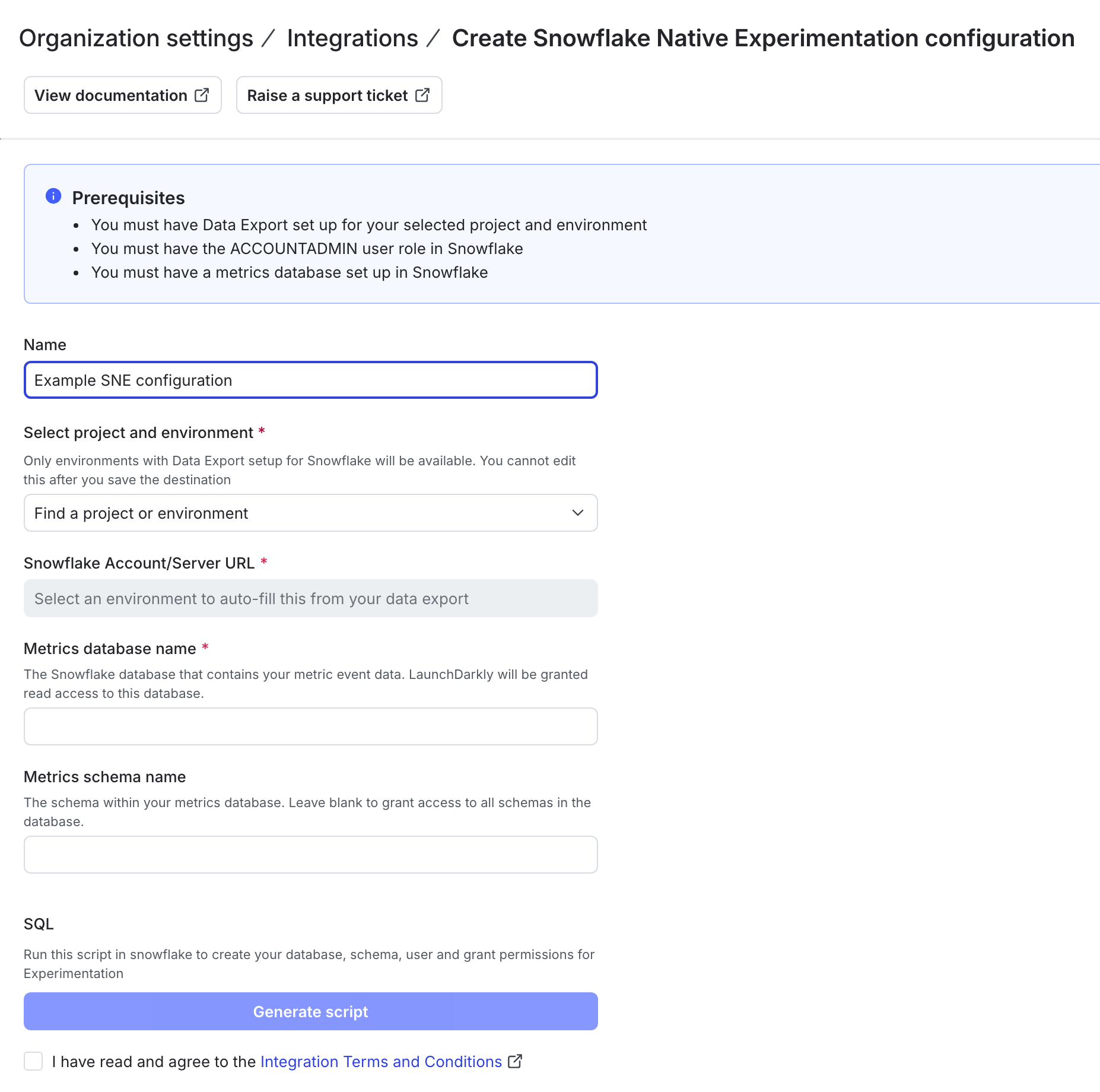The Snowflake Native Experimentation configuration panel in LaunchDarkly.