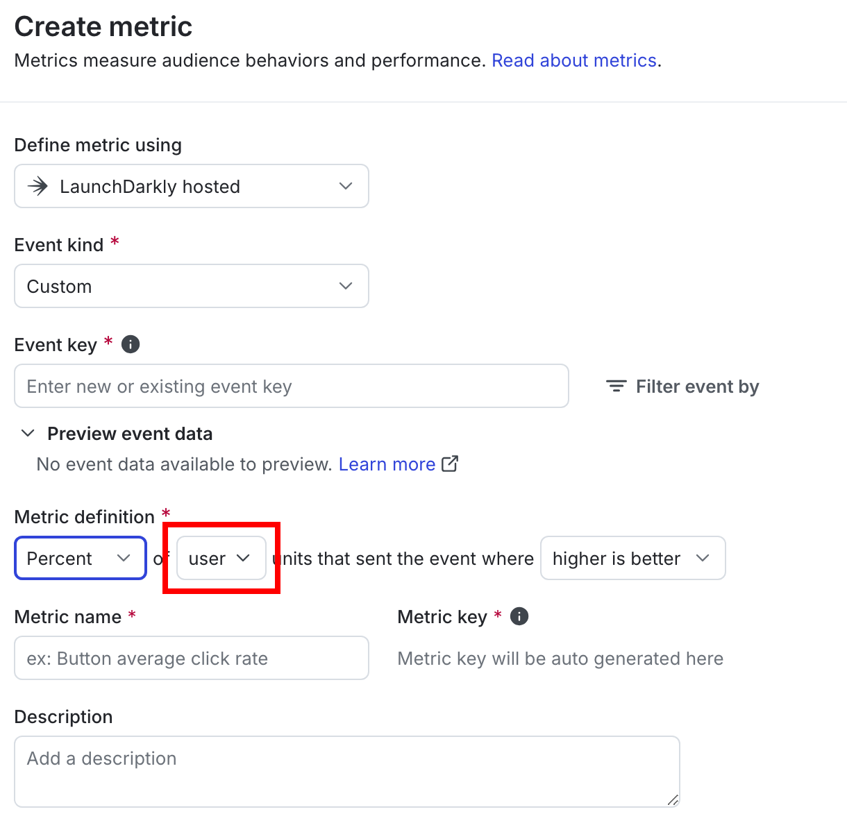 The "Metric definition" section of a new metric with the analysis units called out.