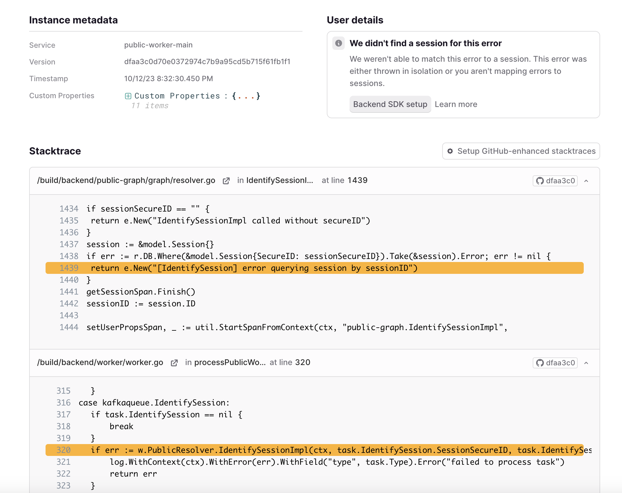 Backend stack trace enhanced with source code context fetched from GitHub