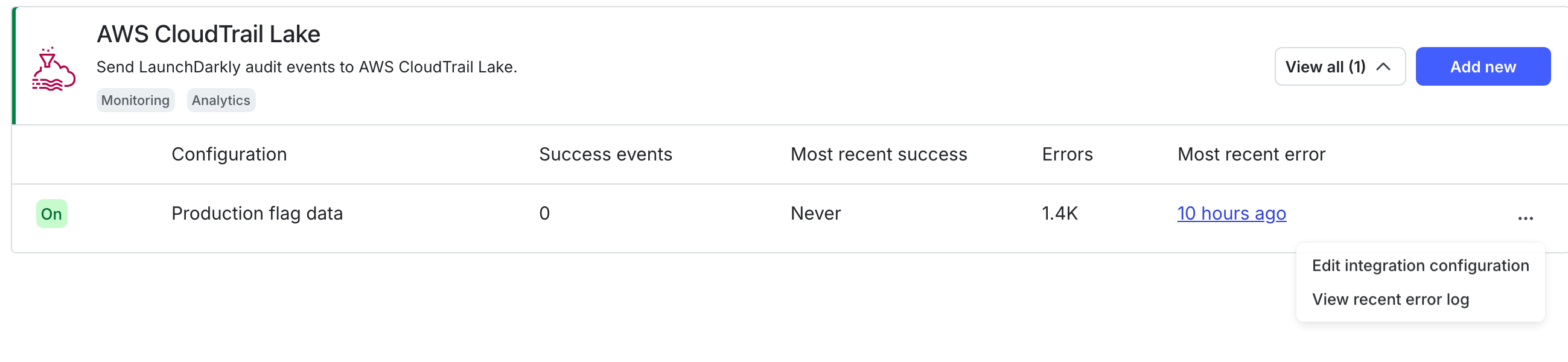 The "AWS CloudTrail Lake" section with the "Edit integration configuration" option called out.