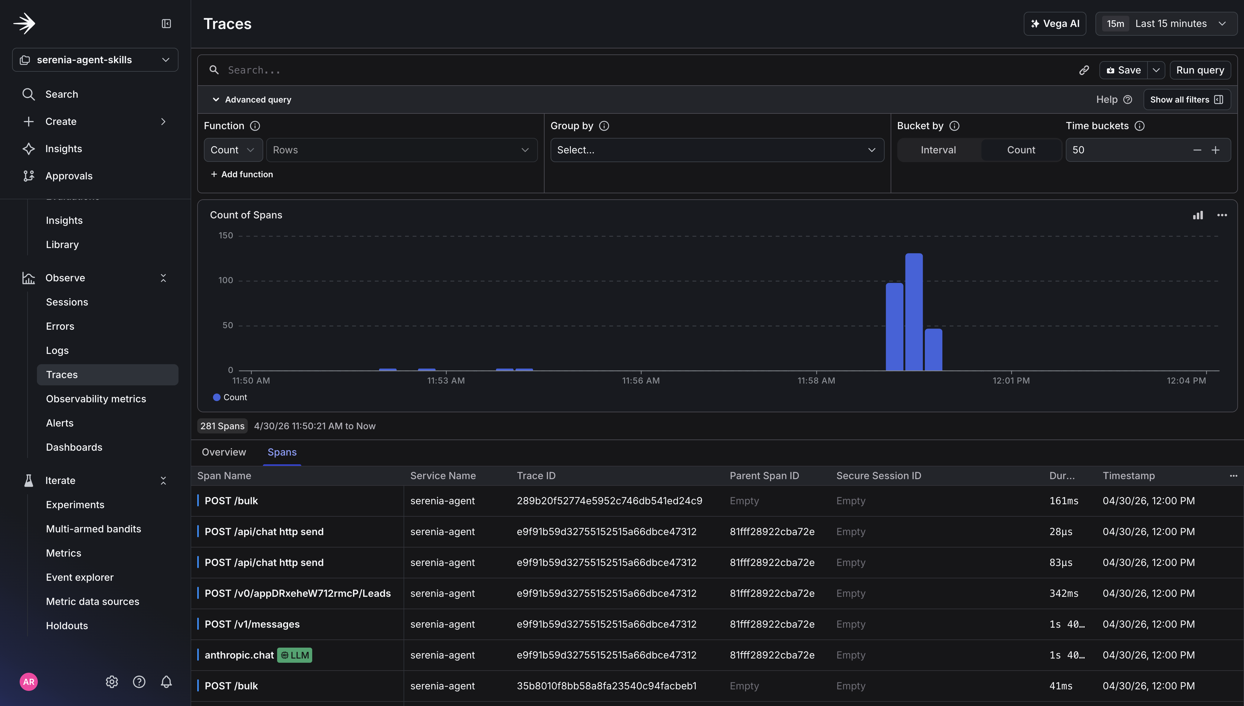 Baseline traffic visible in the LaunchDarkly Traces view.