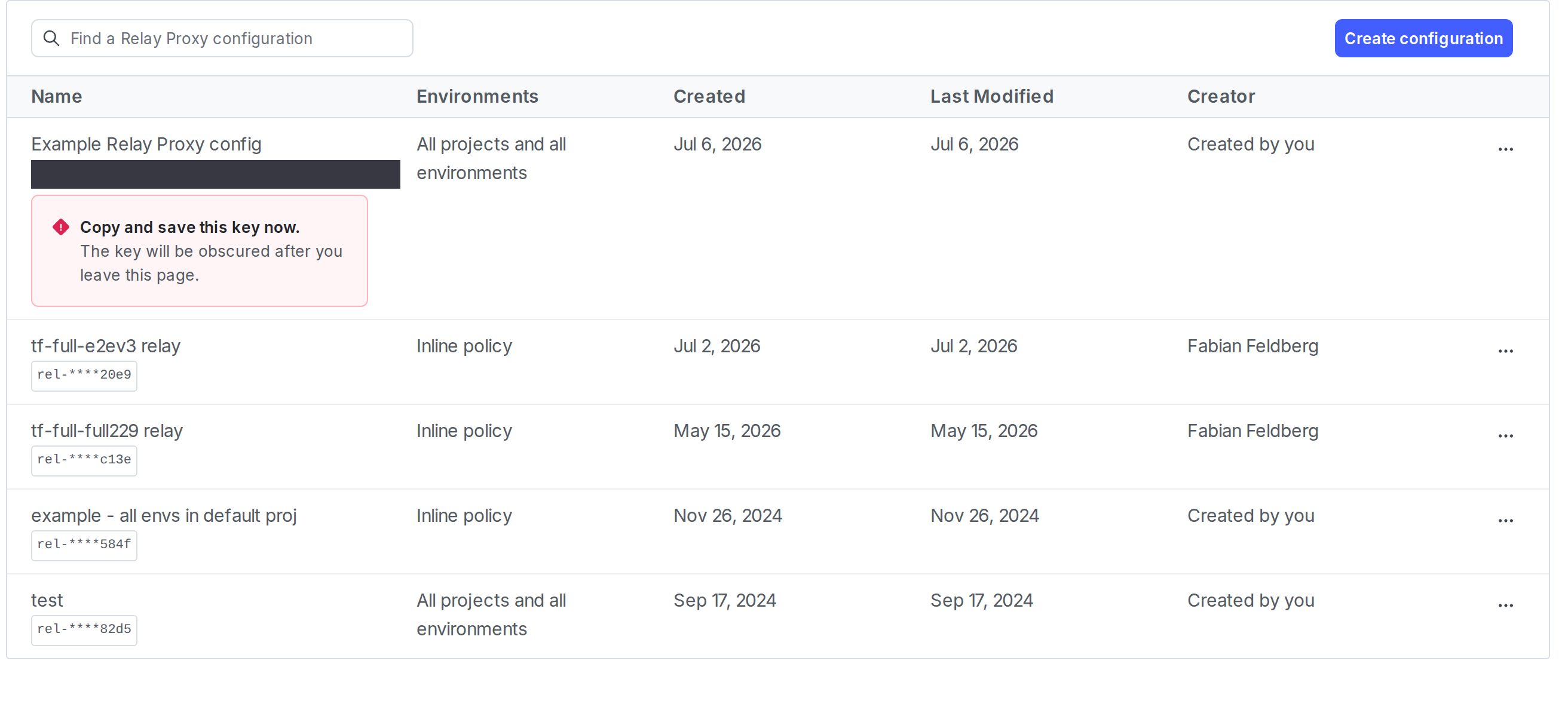 The "Relay proxy" page with a newly created Relay Proxy configuration. The key is displayed.