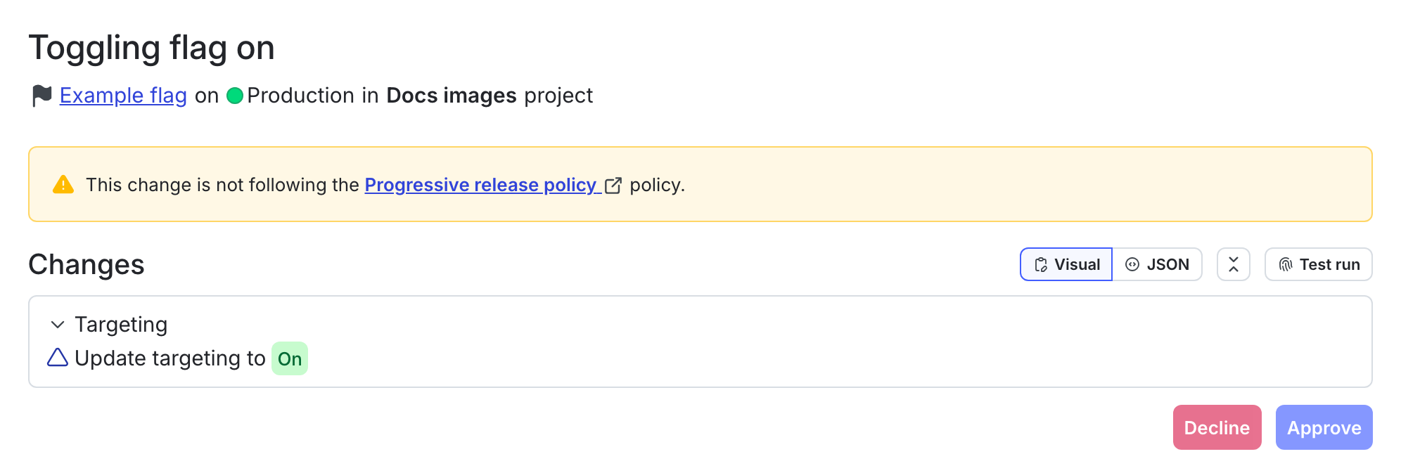 An approval request to toggle on a flag.