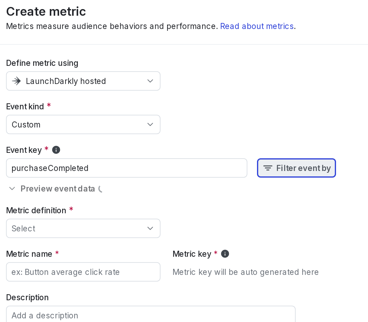 The Create metric panel, with Custom event kind selected and event key entered.