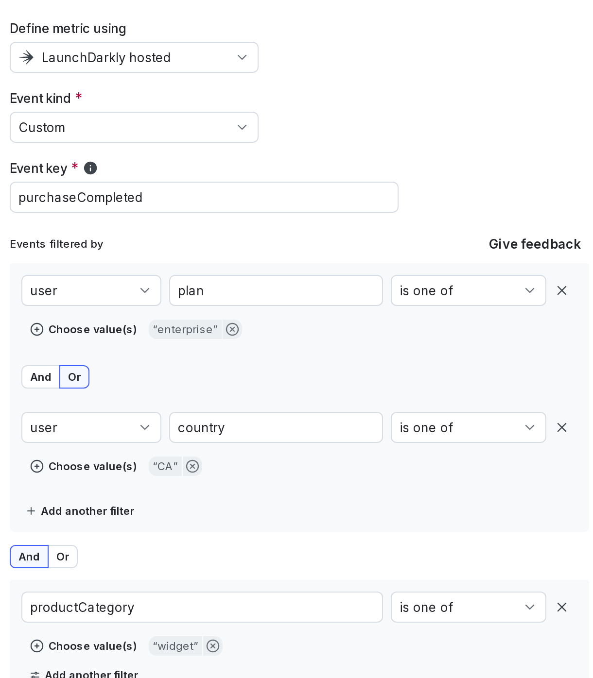 A metric definition that includes only events from contexts of kind user where the plan is enterprise or the country is CA, and the productCategory event property is widget.