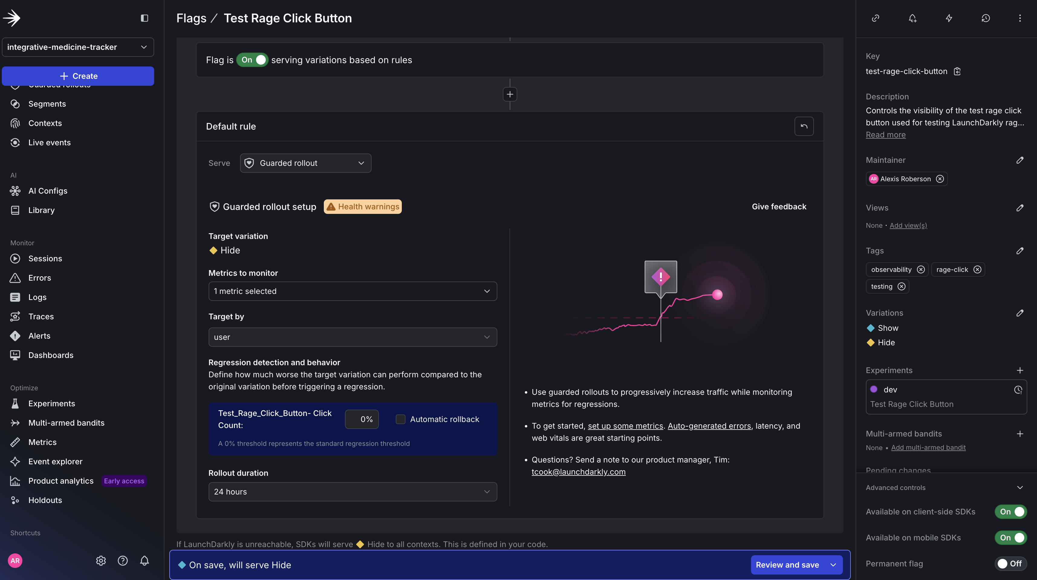 Configure the threshold, duration, and automatic rollback for Guarded rollout.