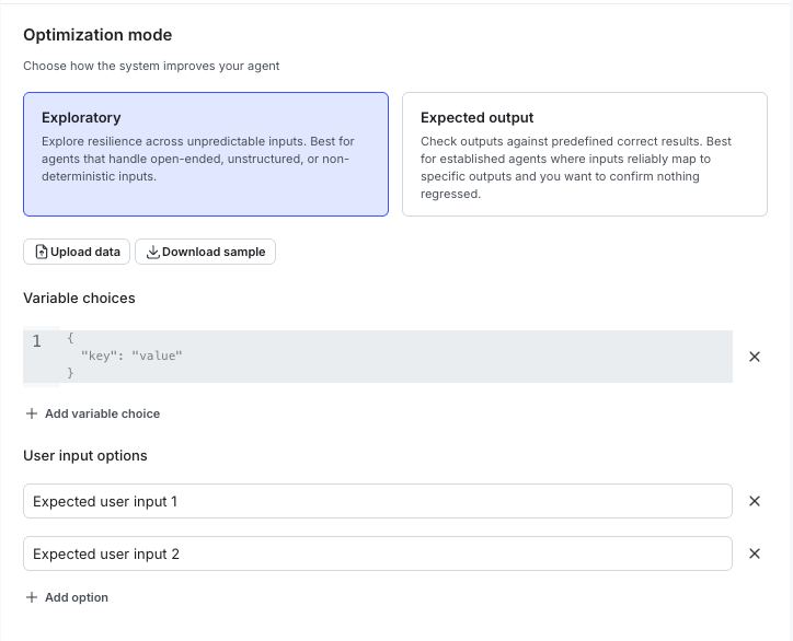 The mode selection and input configuration screen in the LaunchDarkly UI, with options for exploratory and ground truth modes and fields for entering inputs and variable choices.