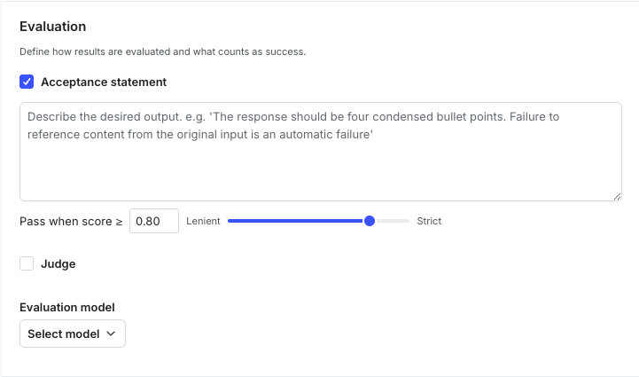 The optimization criteria configuration in the LaunchDarkly UI, showing fields for acceptance statements and judges, each with an adjustable threshold score.