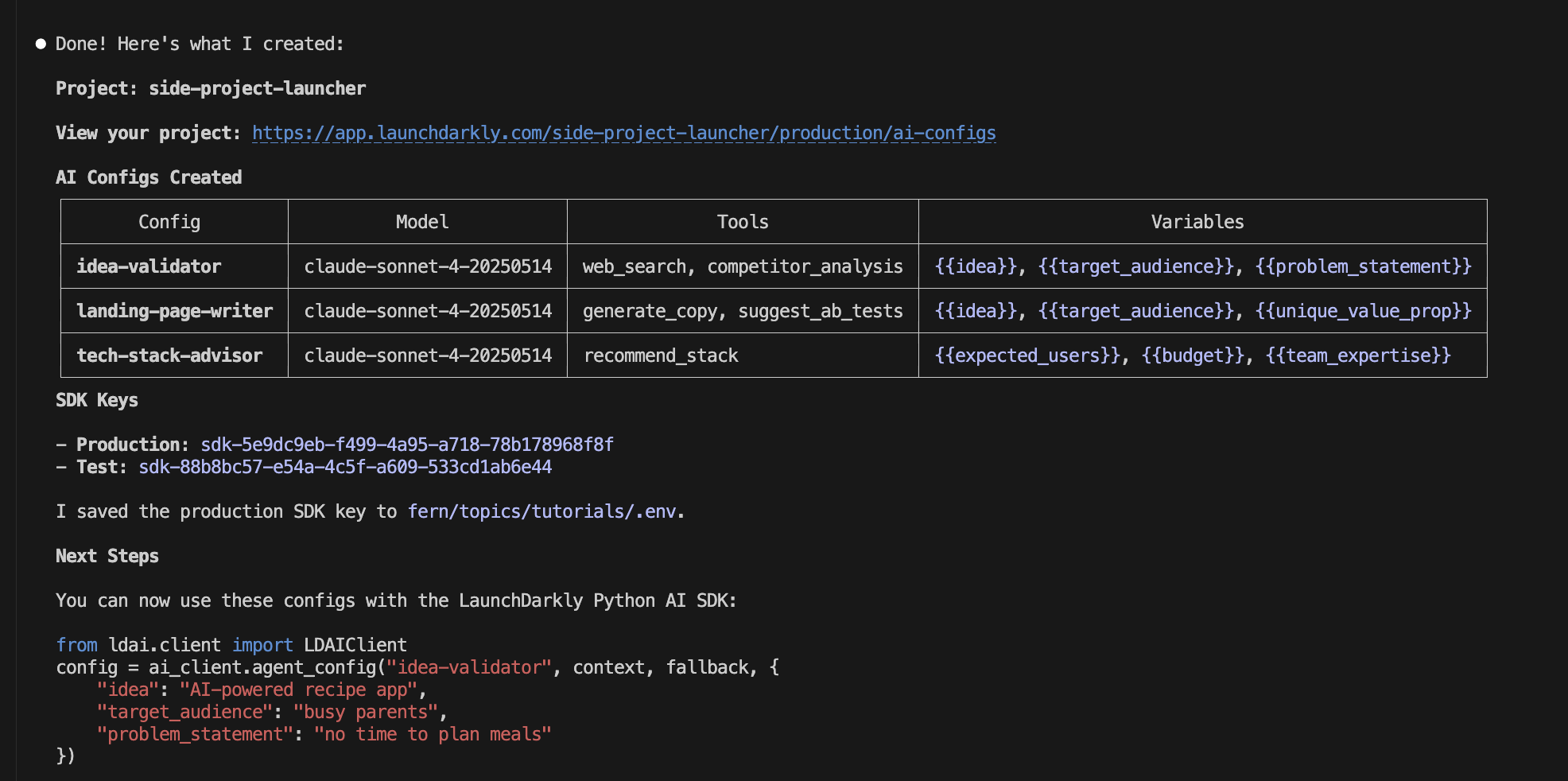 Claude Code showing created configs with models, tools, variables, and SDK keys