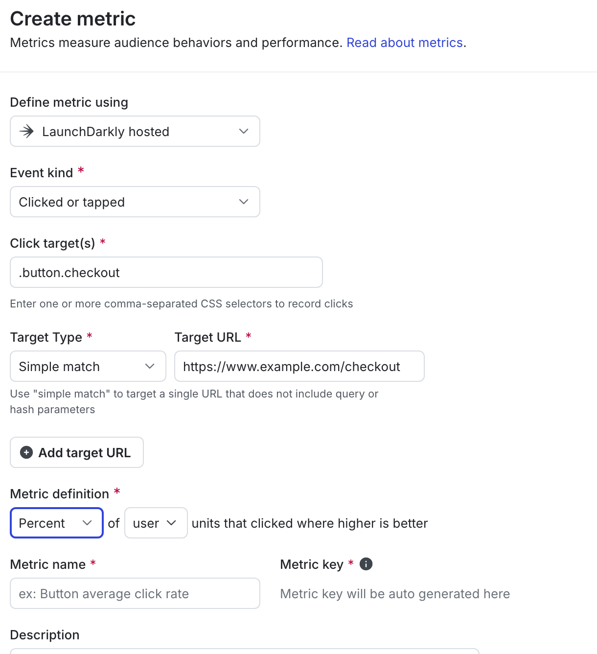 The "Create metric" dialog for a new click conversion metric.