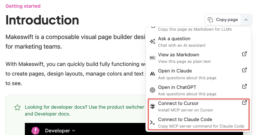 Copy page dropdown showing Connect to Cursor and Connect to Claude Code options highlighted