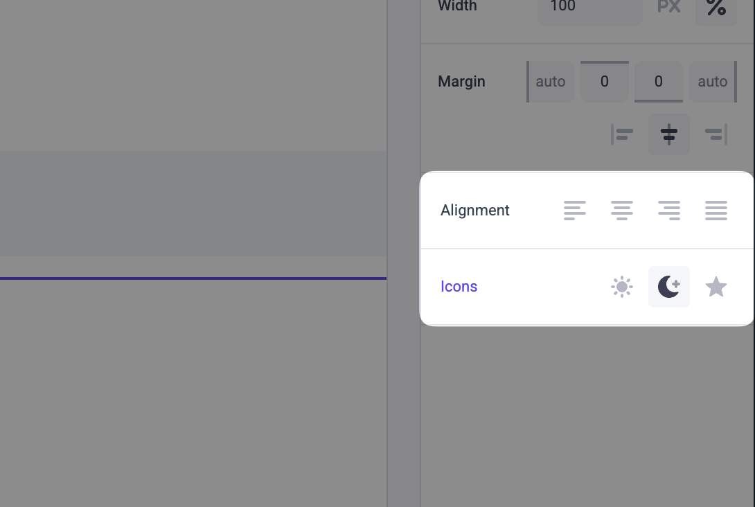 An IconRadioGroup panel in the Makeswift builder with rows of selectable alignment and icon options