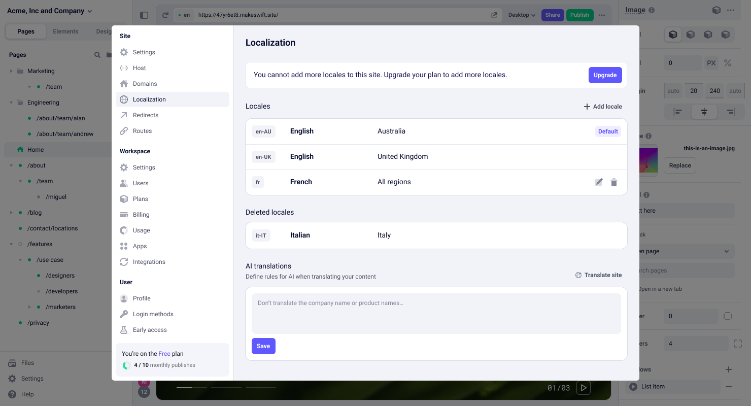 Localization settings panel showing the AI translations section