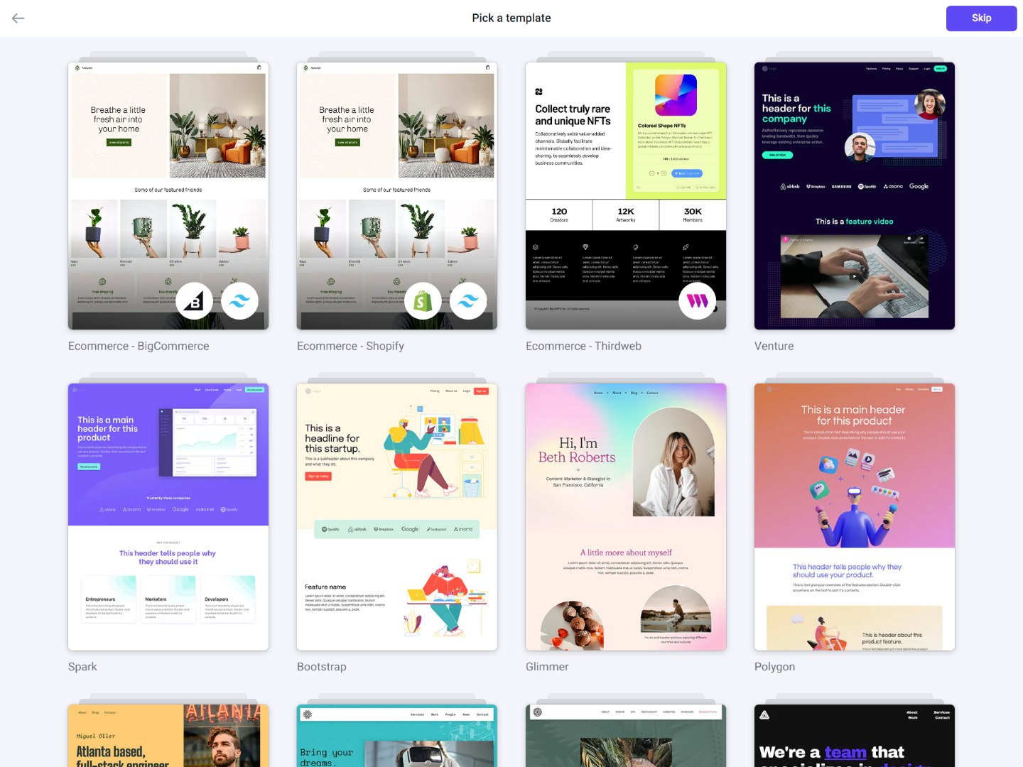 Screenshot of template picker