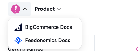 Makeswift logo opened to reveal a dropdown with links to the BigCommerce and Feedonomics docs sites