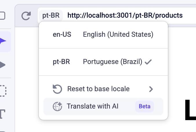 Locale menu showing button to open the translation dialog