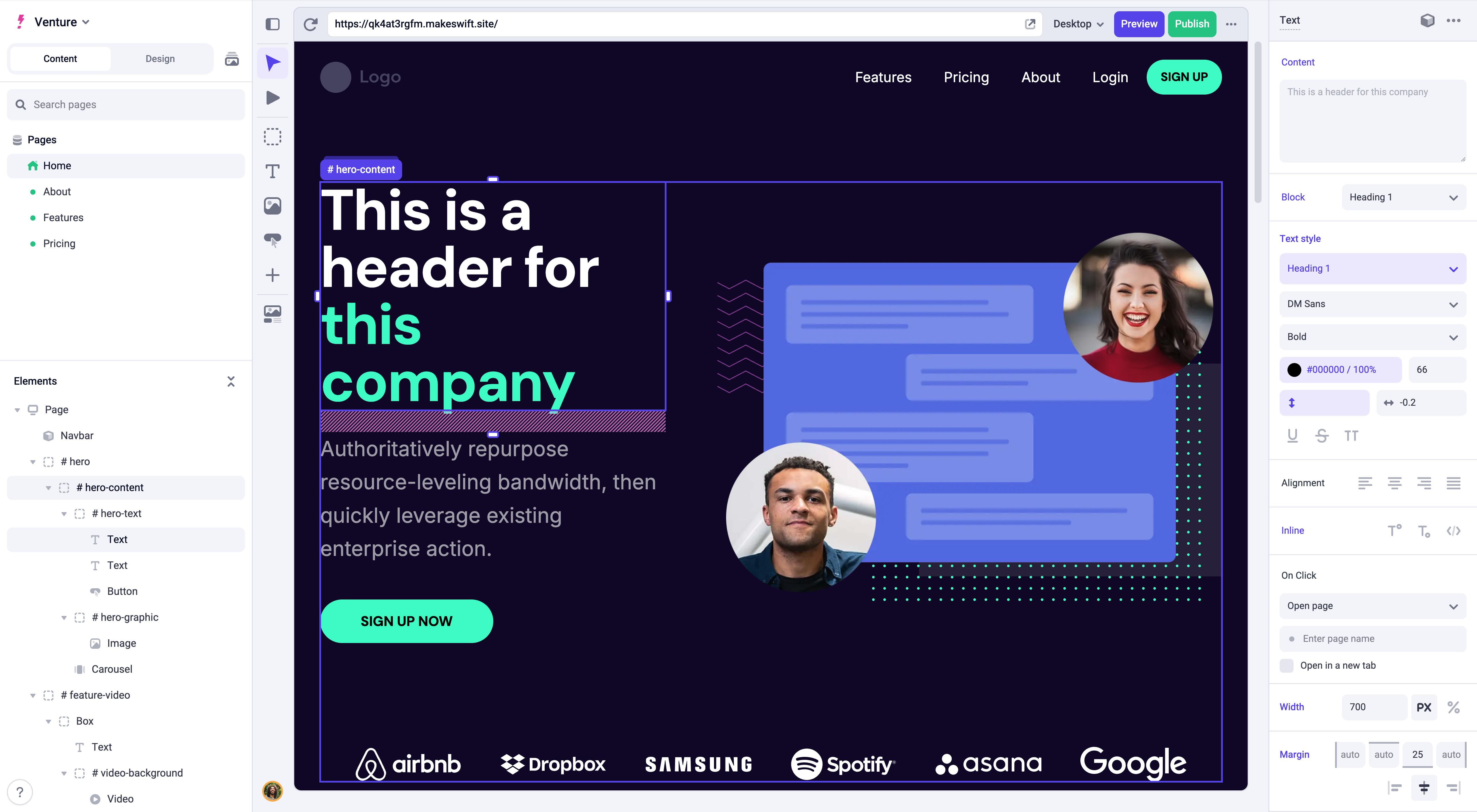 Visual builder showing the elements
panel