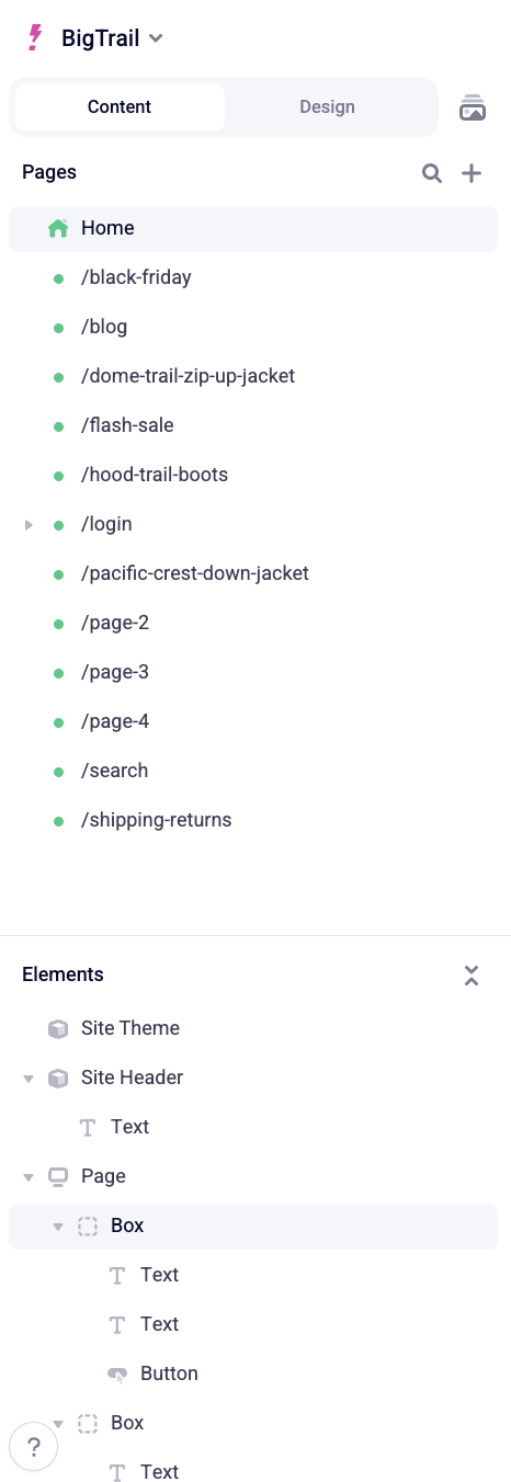 The Navigation Sidebar showing Content and Design tabs, a list of pages in the top pane, and the Elements Panel in the bottom pane