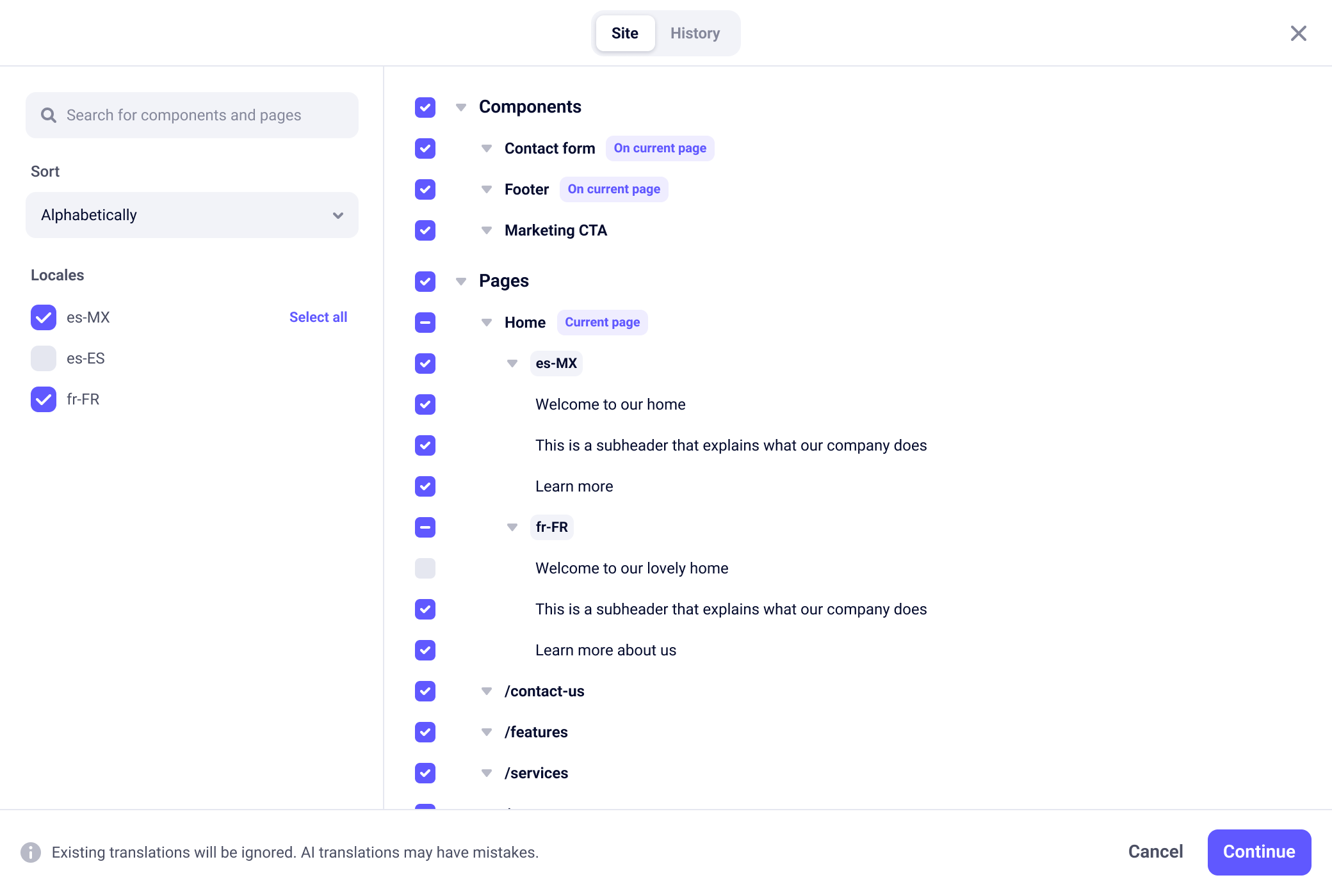 Translation dialog showing locale selection on the left and content selection on the right
