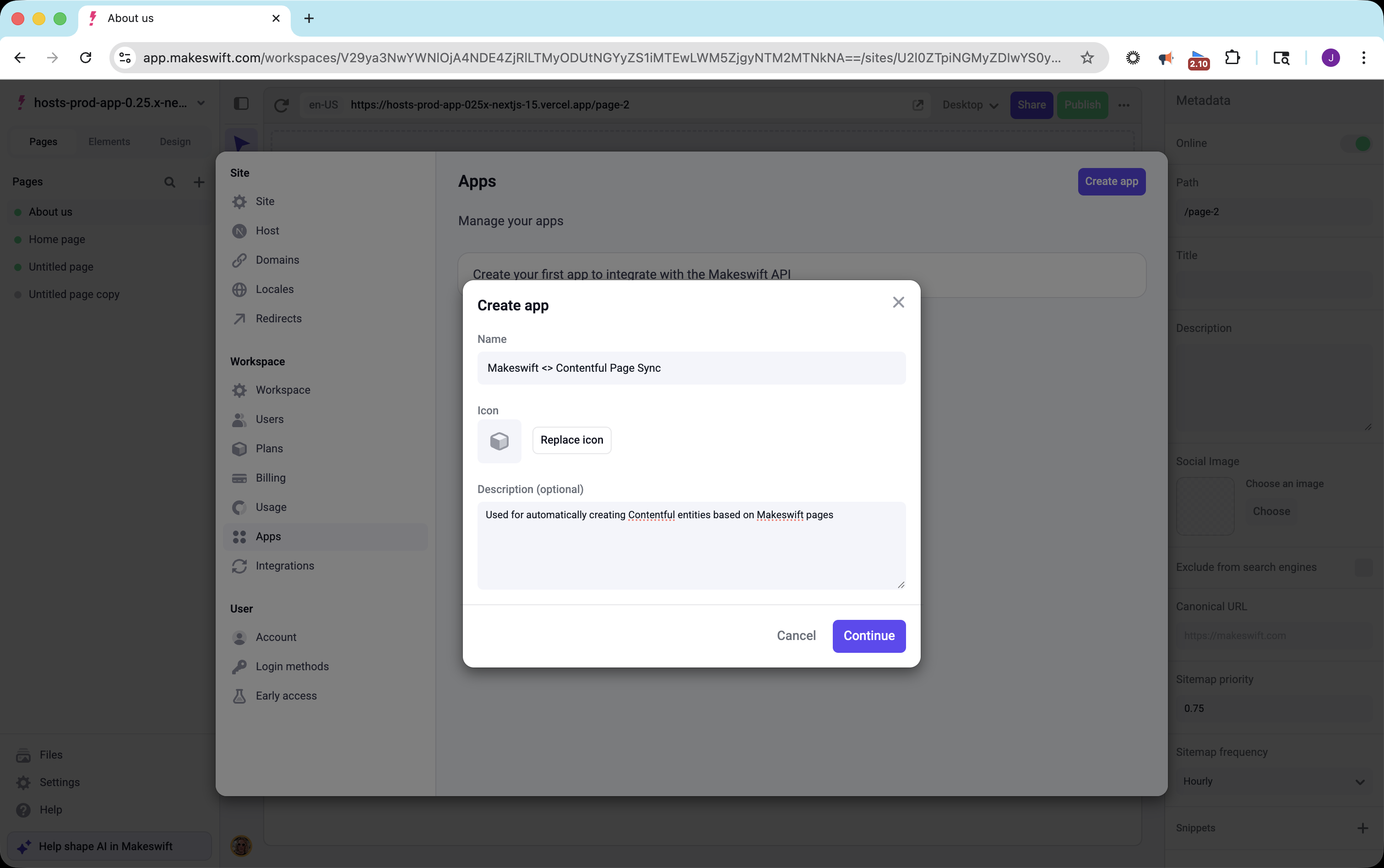Create app dialog