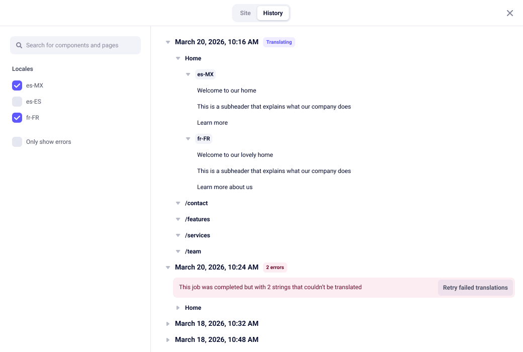 History tab showing translation jobs with timestamps, statuses, and a Retry failed translations option
