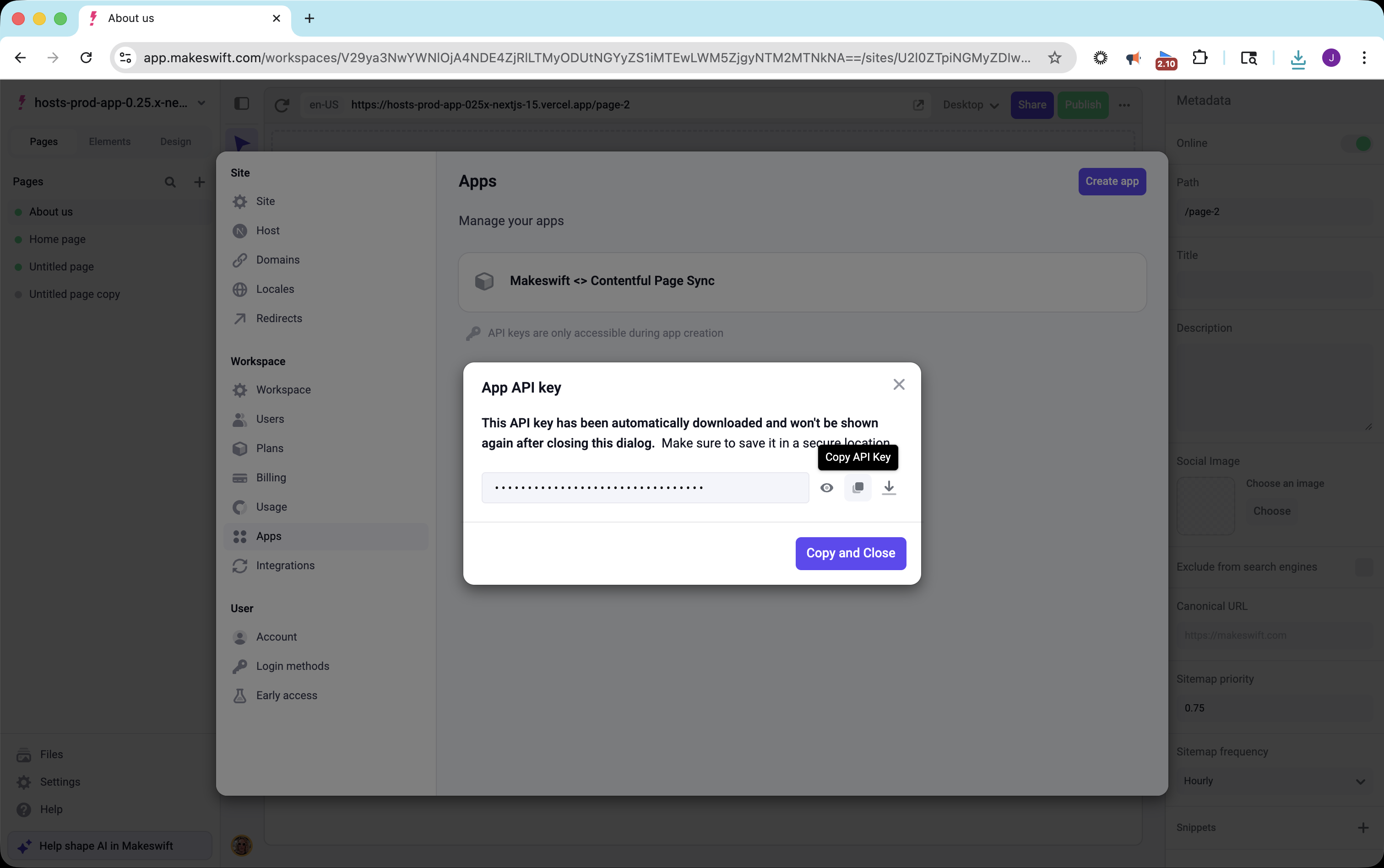 App API key dialog