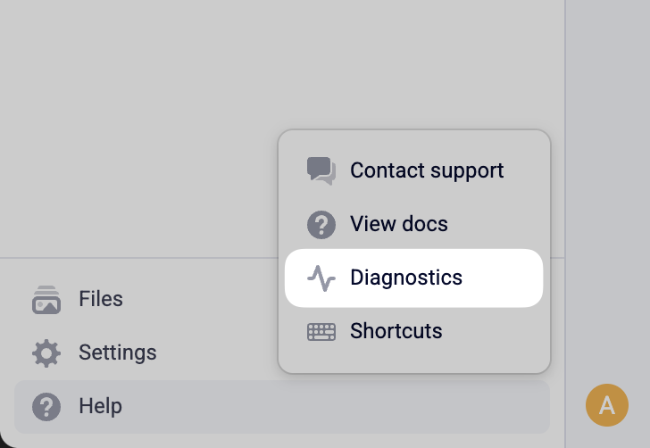 The Help menu with the Diagnostics item