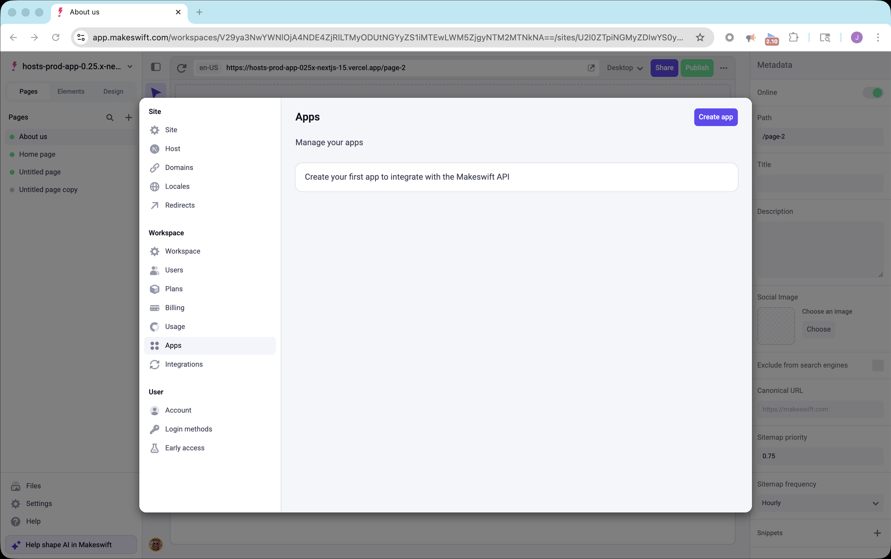 Apps settings page