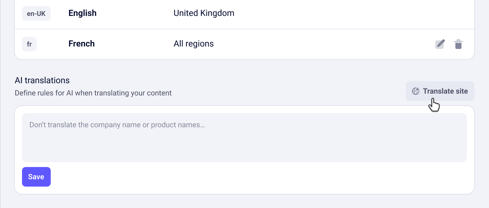 Localization settings showing button to open the translation dialog