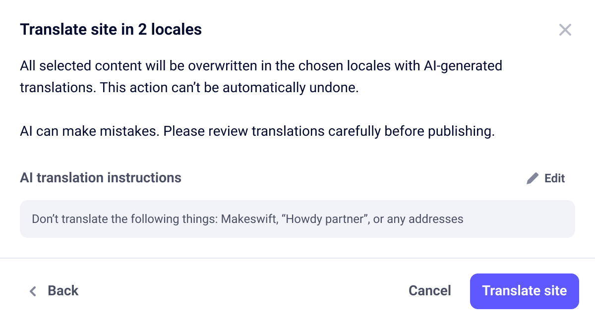 Confirmation step showing a summary of the translation request and the AI translation instructions