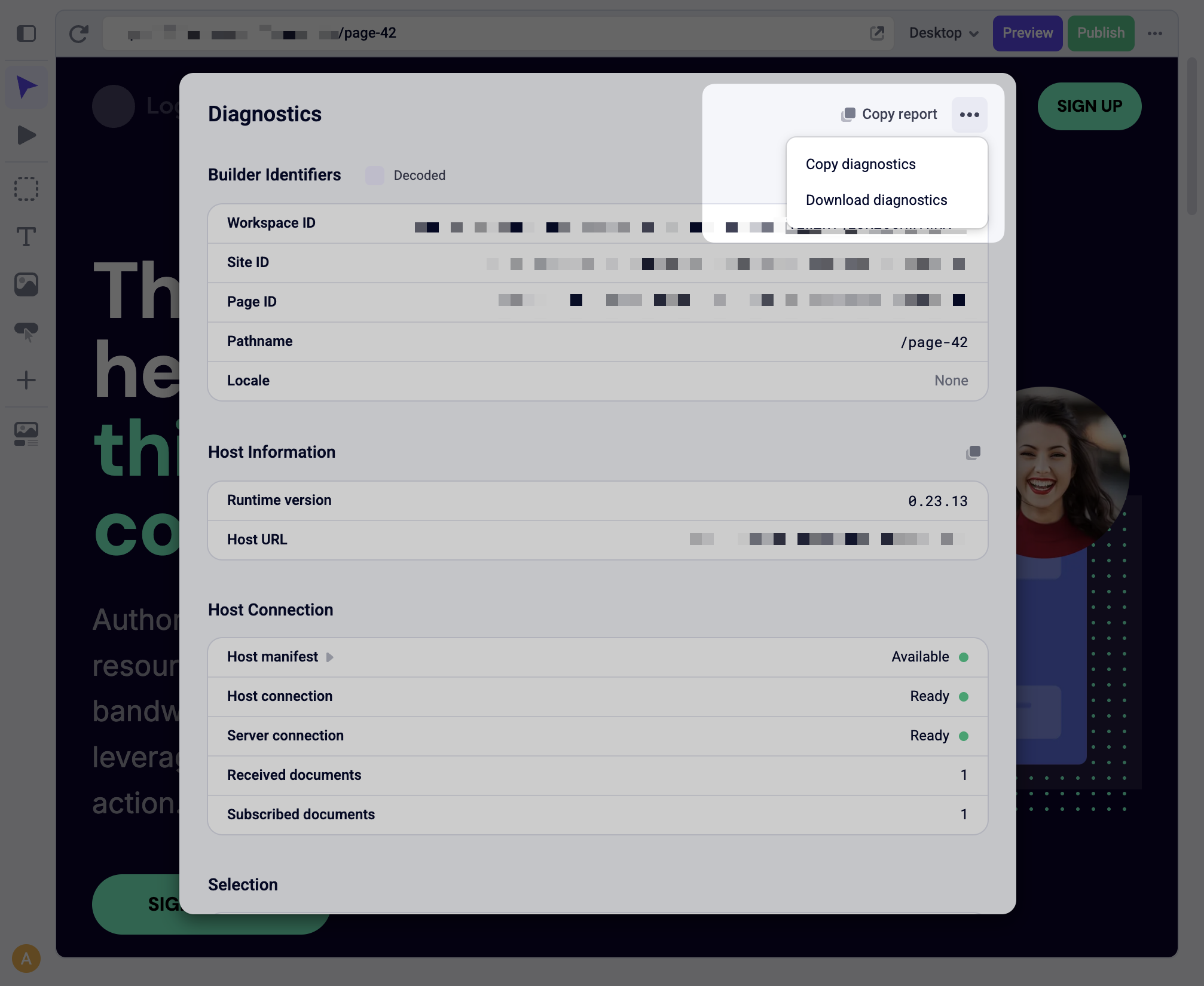 The Copy diagnostics and Download diagnostics options in the Diagnostics dialog