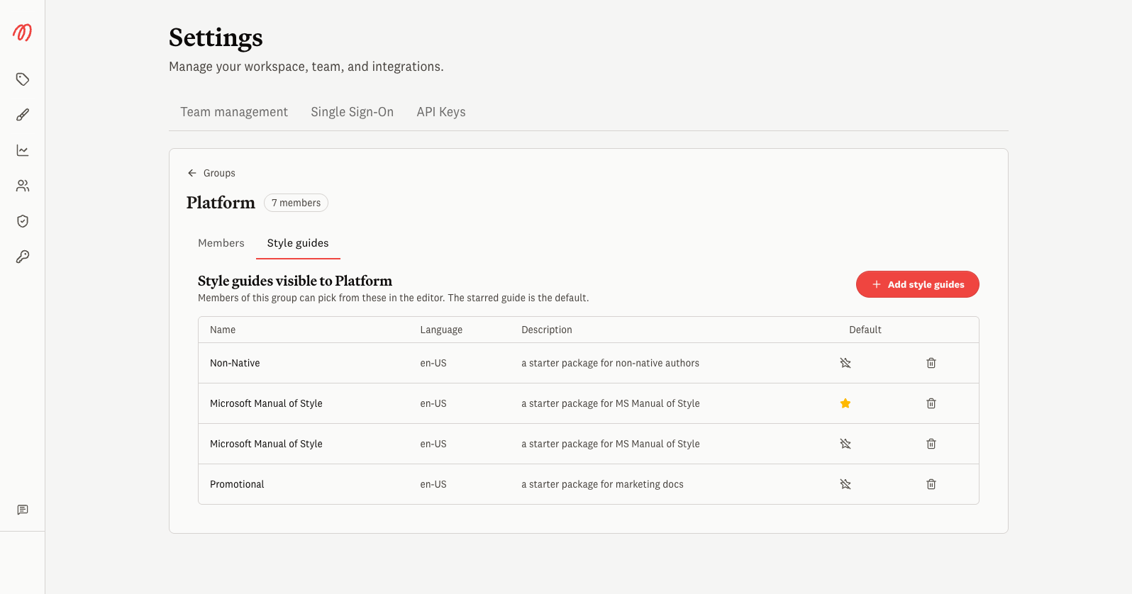 Group style guides tab listing visible style guides with a default selector