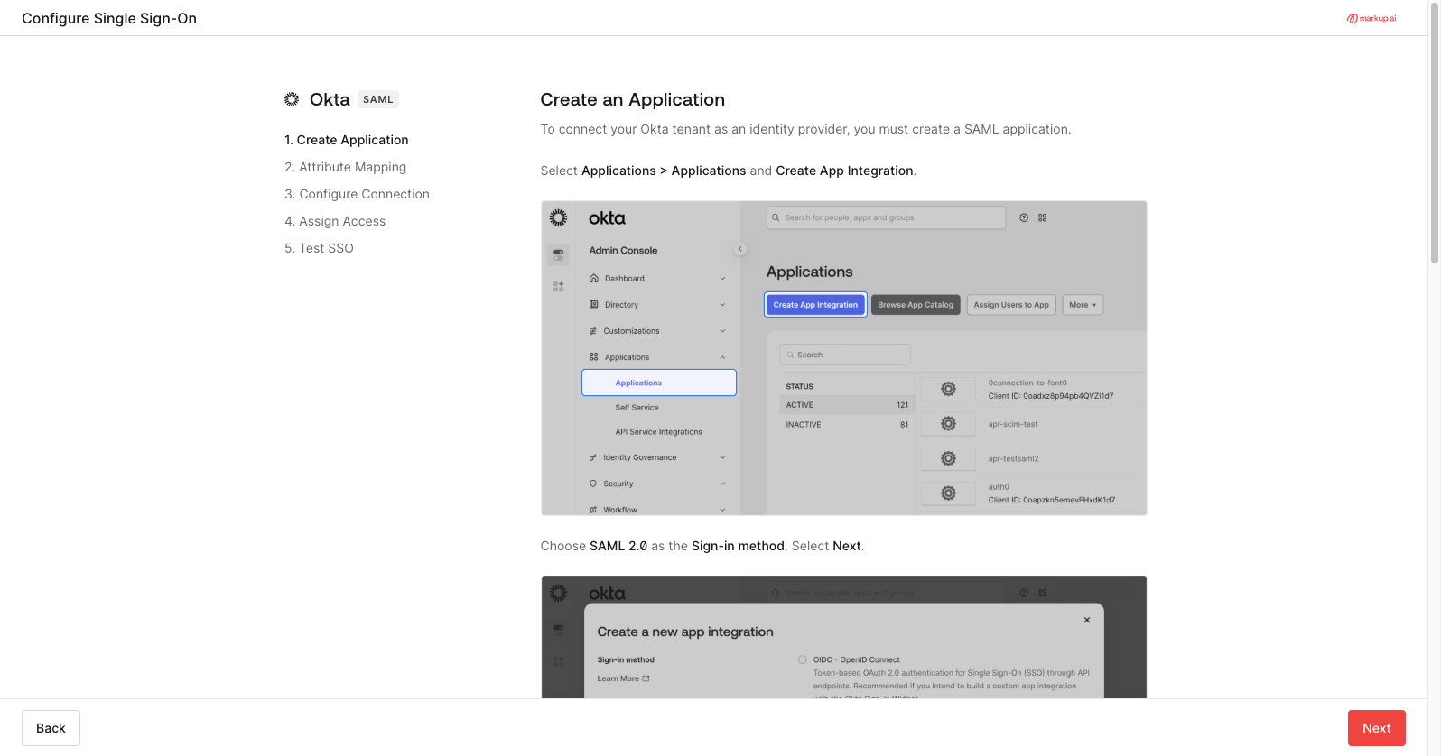 Hosted SSO setup showing Okta instructions and the SP metadata URLs