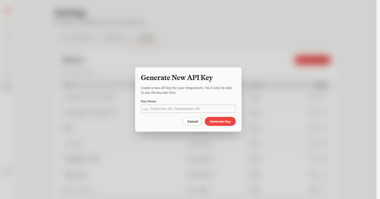 Generate New API Key dialog with a key name field