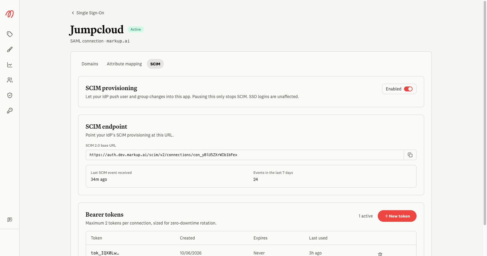 SCIM provisioning tab with endpoint URL, event status, and bearer tokens