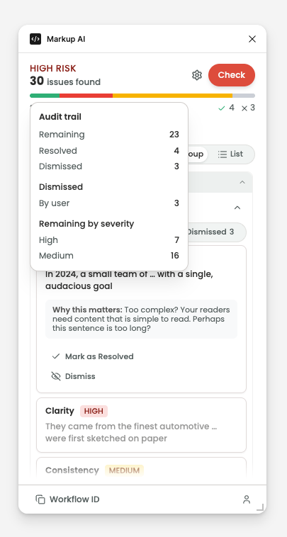 Audit trail popover opened from the severity progress bar, showing per-severity totals plus Applied and Dismissed counts for the current run.