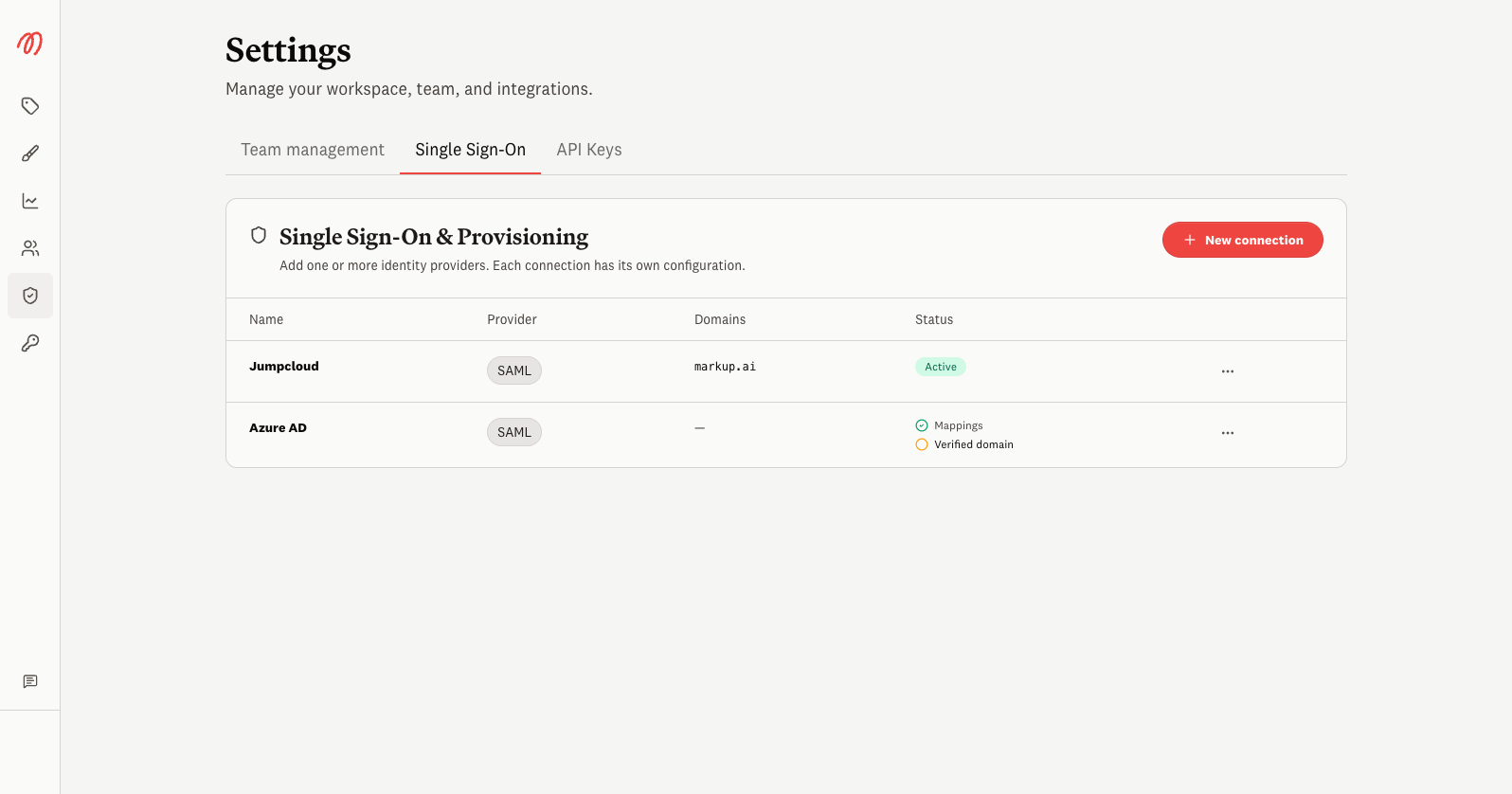 Single Sign-On connections list with JumpCloud and Azure AD connections
