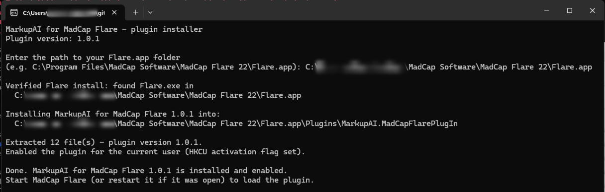 Console output from MarkupAI.MadCapFlarePlugIn-Installer.exe showing the plugin version, the verified Flare.app path, the Plugins folder it installed into, and a 'Done. MarkupAI for MadCap Flare is installed and enabled' message.