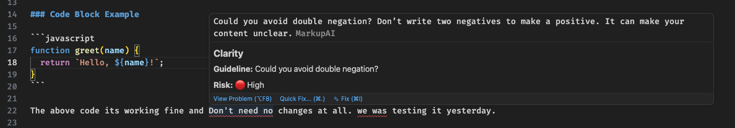 A hover card over a flagged sentence in a Markdown file, reading 'Could you avoid double negation? Don't write two negatives to make a positive. It can make your content unclear.' with a Clarity heading, a Guideline line, and Risk: High, above the underlined phrase in the editor.